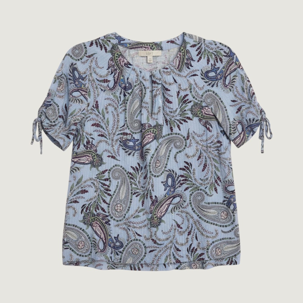 LOFT Womens Blue Paisley Dobby Stripe Split Neck Tie Sleeve Blouse Small